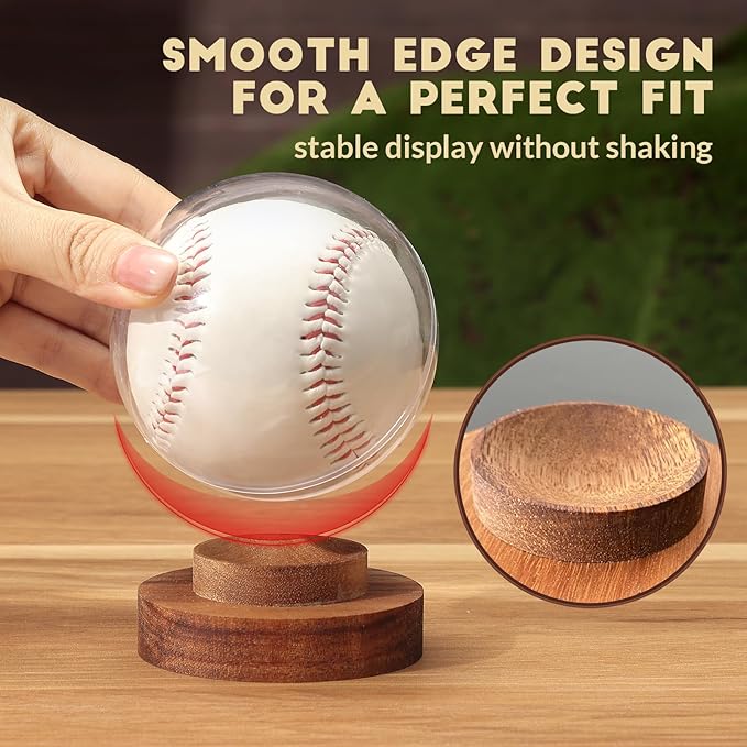 JupDec Baseball Display Case, Round Clear Ball Holder with Wooden Base, Autograph Baseball Stand Box for Single Ball, Acacia Wood, Brown, 2 Pack