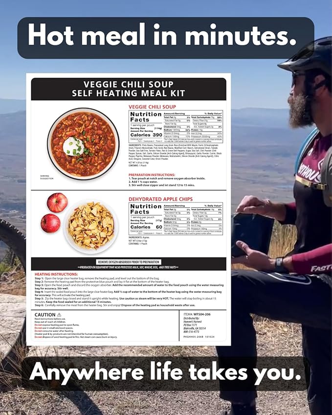 Heaven's Harvest Self-Heating Emergency Meal Kit (10 Year Shelf Life) — Tastier than MRE Meals & Ready-To-Eat in Minutes! Just add water to activate the “cooking” process. (Veggie Chili) (Single)