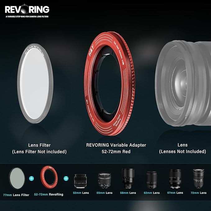 H&Y RevoRing Adjustable Step Up Ring 52-72mm to 77mm, Variable Lens Filter Adapter Ring, Universal Stepping System fits 52 55 58 62 67 72mm, Red