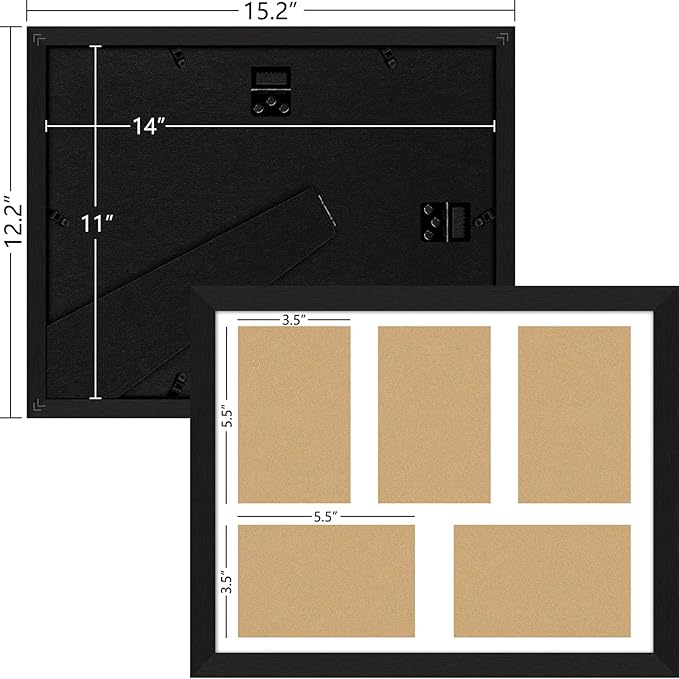 4"x6" Wood Photo Collage Frame 5 Openings, 11"x14" Multi Picture Frame Collage Wall Decor, Brushed Black Frame with White Mat, Solid Pine Wood