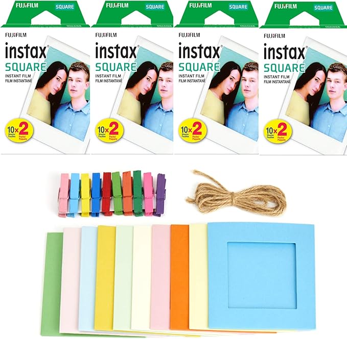 4X Fujifilm Instax Square Instant Film (80 Exposures) + Hanging Photo Frames for Square Film Assorted Colors – Deluxe Accessory Bundle