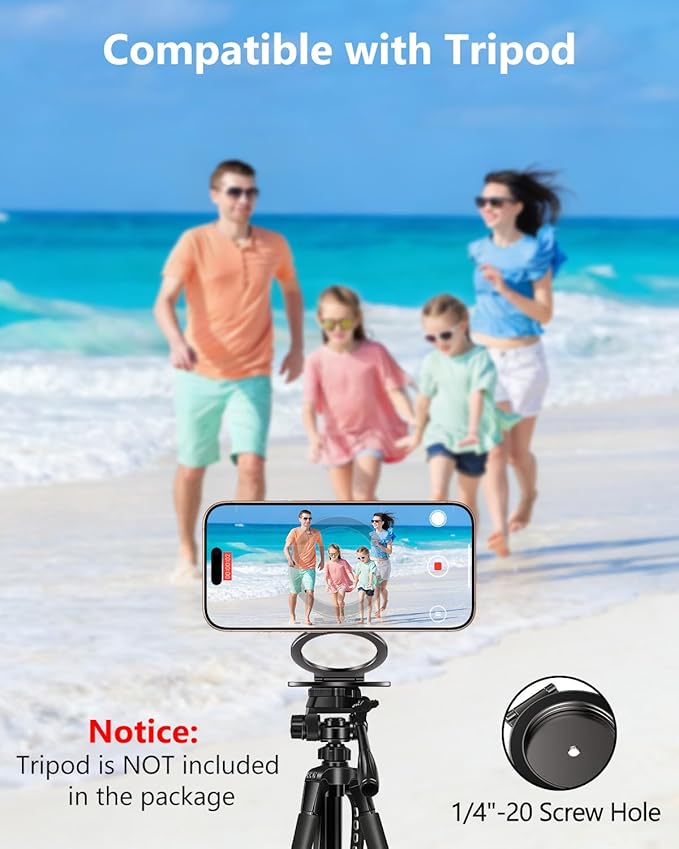 Dual Magnetic Phone Ring Holder for MagSafe, Compatible with 1/4" Screw Tripod Mount, Magnetic Phone Grip Kickstand for iPhone 17/16/15/14/13/12 Pro Max & All Phones