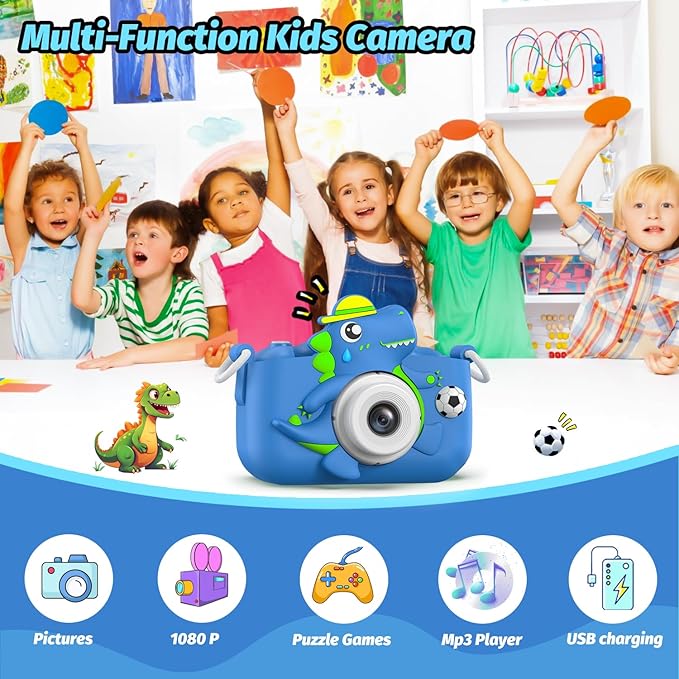 Dinosaur Kids Camera for Boys Girls, Toddler Digital Selfie Camera with Cute Protective Cover and 32G SD Card, Christmas Birthday Gifts Toys for 3 4 5 6 7 8 9 10 11 12 Years Old Little Girls and Boys