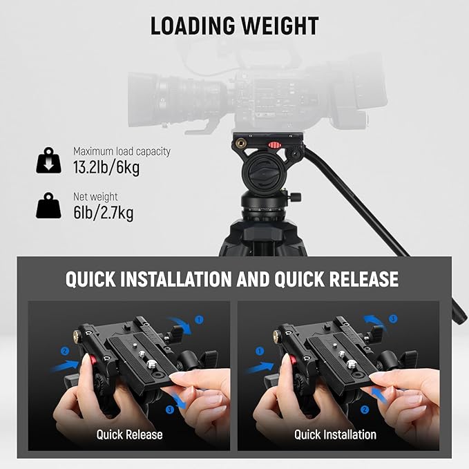 NEEWER Video Tripod with Fluid Head, Heavy Duty Aluminum Compact Portable Camera Tripod Stand for DSLR Camcorder Compatible with DJI Gimbals Compatible with Manfrotto QR Plates, Max Load 13.2 lb, TP73