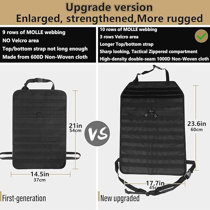 Universal Tactical Car Seat Back Organizer Bag Tactical Molle Vehicle Organizers Panel Vehicle Protector Organizers with 5 Detachable Pouches for Car (Upgraded B black)
