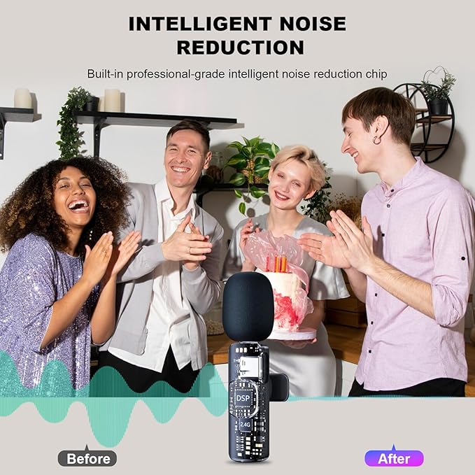 Wireless Microphone for iPhone, Camera, USB-C Mini Microphone 3 in 1, Professional Mini Mic with Noise Reduction, Lavalier, Lapel Mic for Video/Vlog/TikTok/YouTube