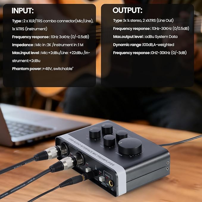 USB Audio Interface with 2X XLR/TRS Inputs, Phantom Power, USB-A/C Connectivity Perfect for Recording, Live Streaming, Podcasting Home Studio Use by Musicians Content Creators(OS3)