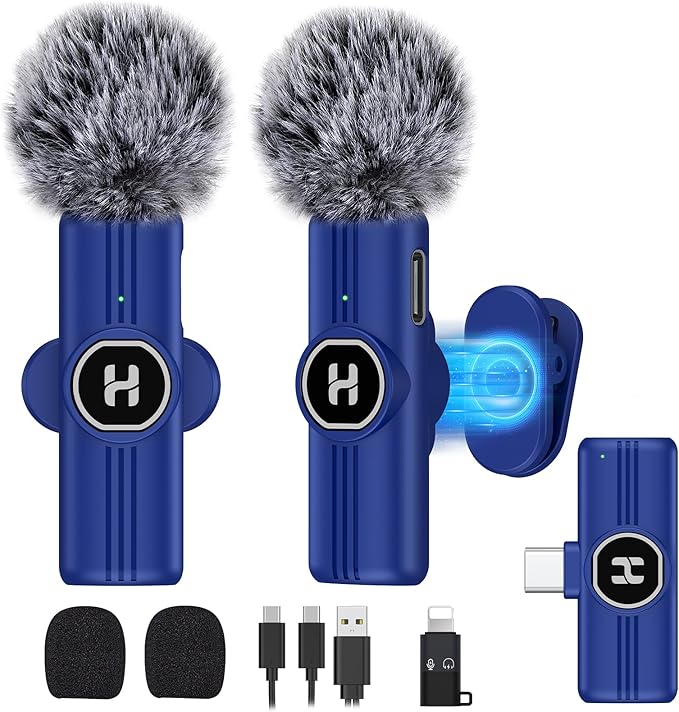 USB C Mini Wireless Lavalier Microphone for iPhone 15 16, iOS and Android Devices - Noise Reduction Lapel Mic for Recording, Clip Omni Lav Mic for Video Recording, Tiktok, Youtube, Vlog (Blue)