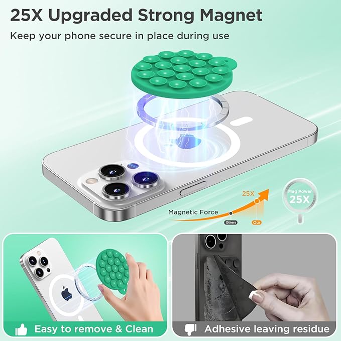 Magnetic Suction Cup Phone Mount, Compatible with MagSafe, Silicone Octo Cup Buddy Sticky Grip Holder for iPhone and Android, Removable Hands-Free Selfie/Video for TikTok, Emerald Green