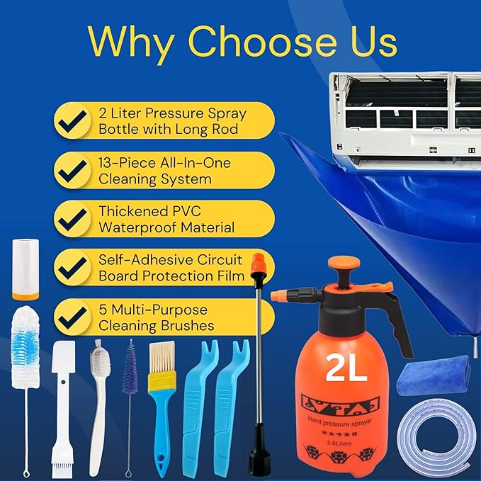 Oiktylr Mini Split Cleaning Kit Bag with 2L High Pressure Sprayer, Air Conditioner Cleaning Kit with Waterproof PVC AC Cleaning Cover Bib with 10pcs HVAC Cleaning Tools, Small