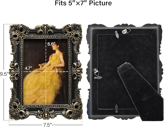 CISOO 5x7 Vintage Picture Frame Antique Ornate Black and Gold Photo Frame, for Table Top and Wall Display, Decorative Floral Design Retro Home Decor, Photo Gallery Art
