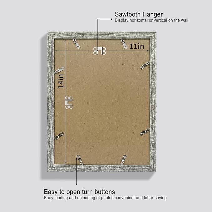 11x14 Picture Frame Set of 4, Made of Real Glass and Grey Wooden Frame, Display 8x10 Pictures with Mat or 11 x 14 Posters without Mat for Wall Mounting, Gallery Photo Frames