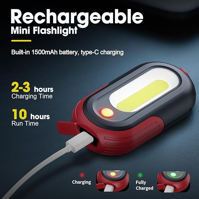 Magnetic Flashlight Rechargeable, Mini Pocket EDC Flashlight, 1500mAh Spotlight and Floodlight with Type-C Charging, 5 Modes Portable Keychain LED Flashlight for Car Repair, Emergency
