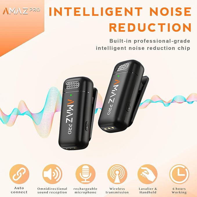 Amazpro Wireless Lavalier Microphone for iPhone 15,Android Phone,Laptop,2 Pack Mini Microphone with Charging Case,Professional Noise Reduction,for Video Vlog,Youtuber,TikTok,Instagram,Interview,USB-C