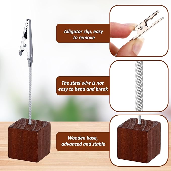 Gersoniel 100 Pcs Cube Base Memo Clip Holder with Alligator Clip Wood Table Number Holder Cube Base Place Card Stand Mini Photo Menu Stand for Displaying Number Card (Brown)