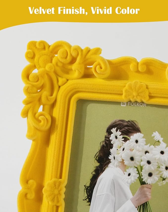 Picture Frames 4x6 for Drawings Prints, Small Colorful Decorative Frame with Real Glass/Stand, Rococo Ornate Memorial Frame Gift for Wedding Baby Shower Retirement (Yellow)