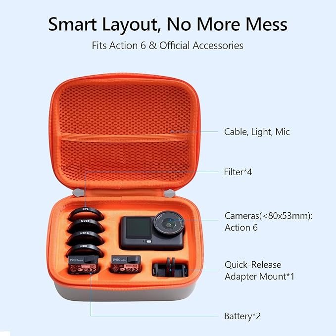 AuyKoo Carrying Case for DJI Osmo Action 6 Accessories, Waterproof Hard Carrying Bag for Camera Batteries Filter Mount, DJI Osmo Case Hard Shell Action Camera Bag