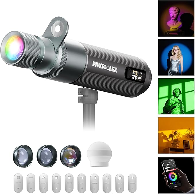 PHOTOOLEX PRO 12W RGB Photography Flashlight, 360 ° Full Color LED Portable Spotlight, Conical Optical Snoot Kit with 10 Metal Gobos/9000mAh/3 Lens/CRI 96+/12 Effects, LCD Display, APP Control