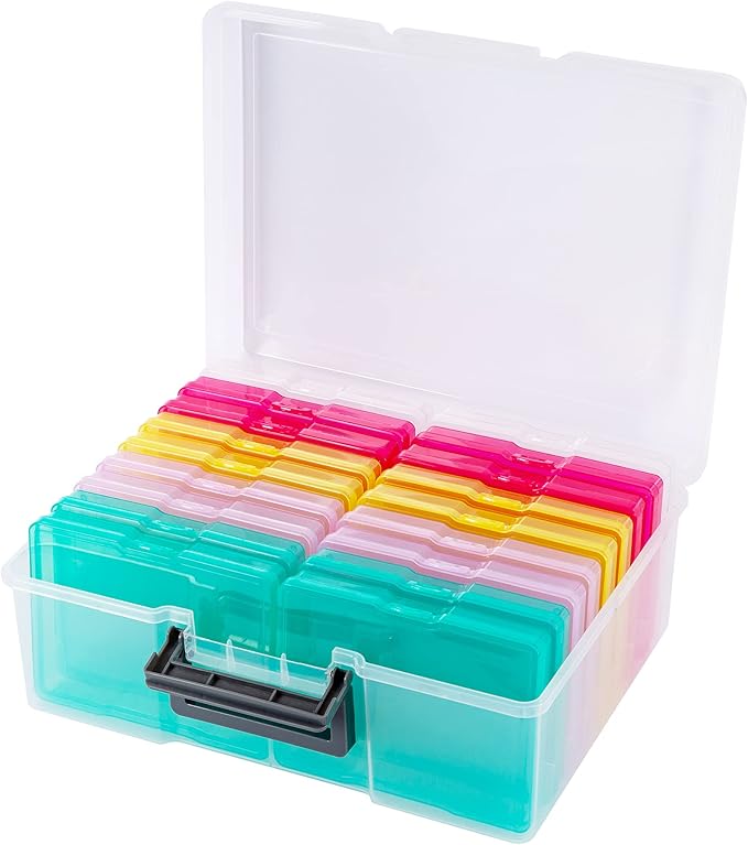 IDekooror Photo Storage Box 5" x 7", 18 Inner Extra Large Photo Organizer Container, Plastic Craft Storage Box with Handle for Pictures Stickers Stamps Seeds