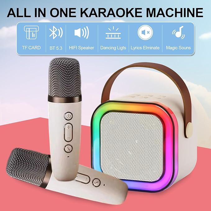 Karaoke Machine for Kids, Kids Karaoke Machine Gifts for Girls and Boys Family Party, Kids Karaoke Machine for Girls with 2 Wireless Microphones, Mini Portable Bluetooth Speaker (Ivory)