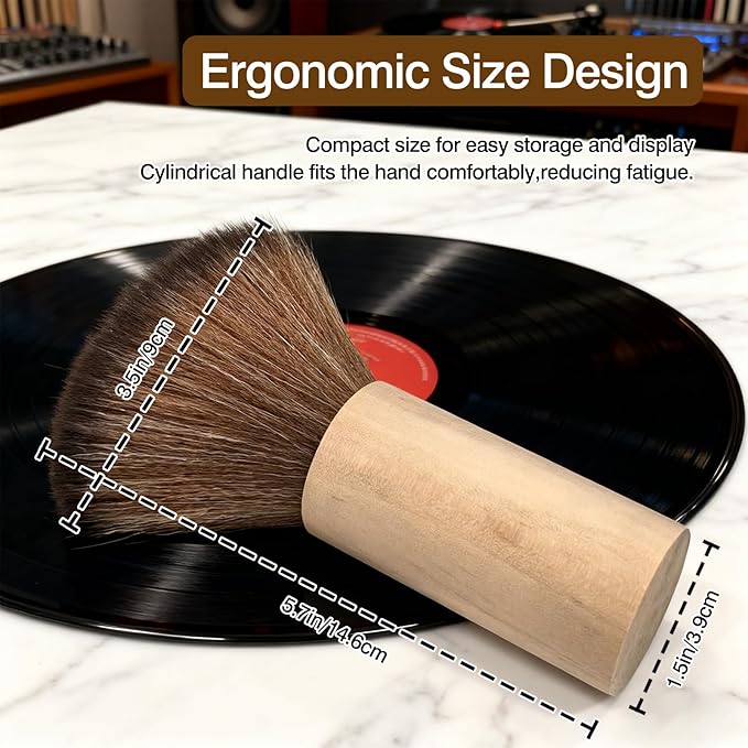 Anti-Static Vinyl Record Cleaning Brush with Wooden Handle for LP, CD & Turntable Cartridge