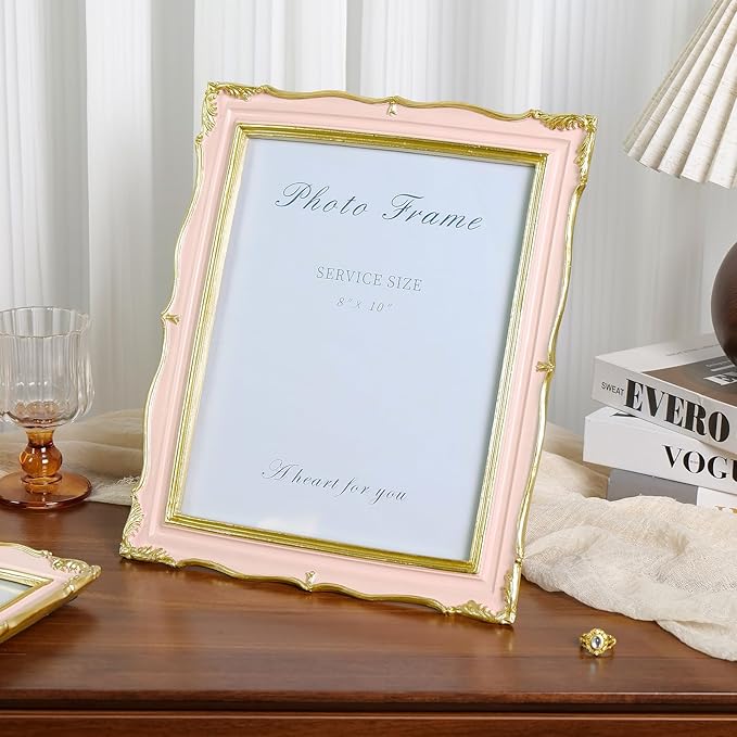 Cuspin 8x10 Picture Frame Pink Vintage Frame, Ornate Pink and Gold Picture Frame with Glass Front Handcrafted Resin Frames, Antique Textured Design for Wall Hanging & Tabletop Display
