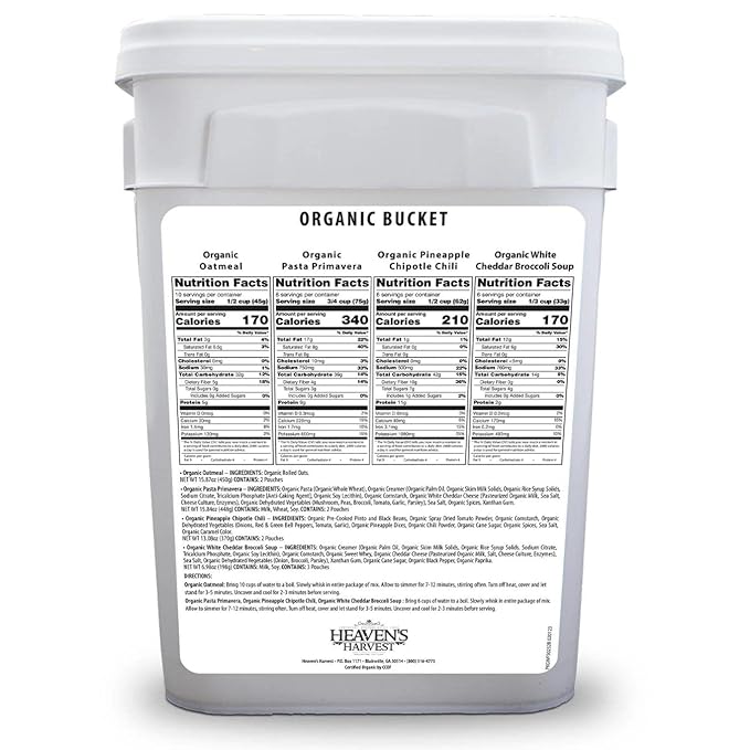 Heaven’s Harvest 25-Year Organic Family Food Kit — Emergency Food Supply. Freeze Dried Survival Food Kit + Water-Proof 25-Year Storage Bucket. MRE Meals, Non-Perishable Camping Food (62 Servings)
