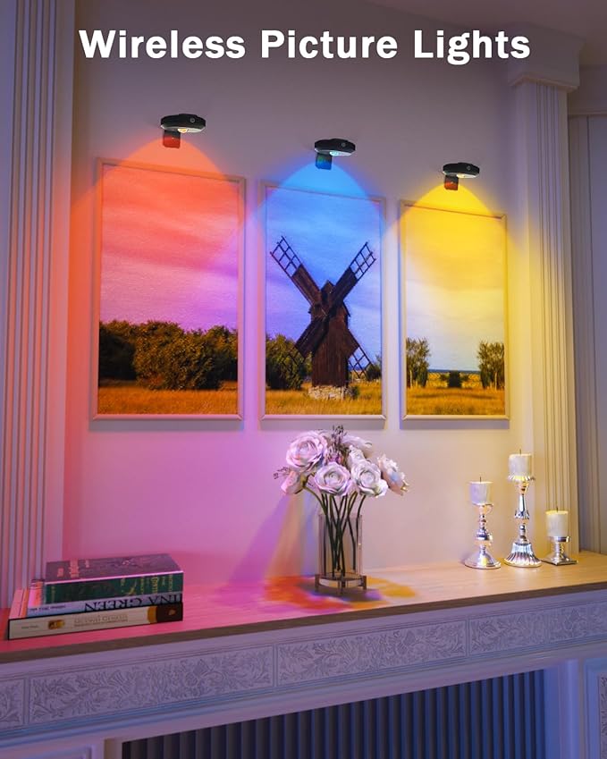 WILLED Picture Lights, 1200mAh Rechargeable Battery Operated Picture Lights, Puck Lights with Remote, 9 RGB Colors, Dimmable&Timer, Gallery Lights, Art Display Lighting for Paintings Wireless/3 Pack