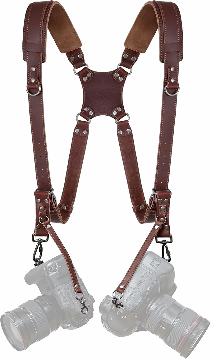 Padwa Lifestyle Brown Dual Camera Harness for Two Cameras - Wide Strap with Thick Shoulder Padded,Full Grain Leather Double Harness,Multi Camera Gear for DSLR Strap for Photographers