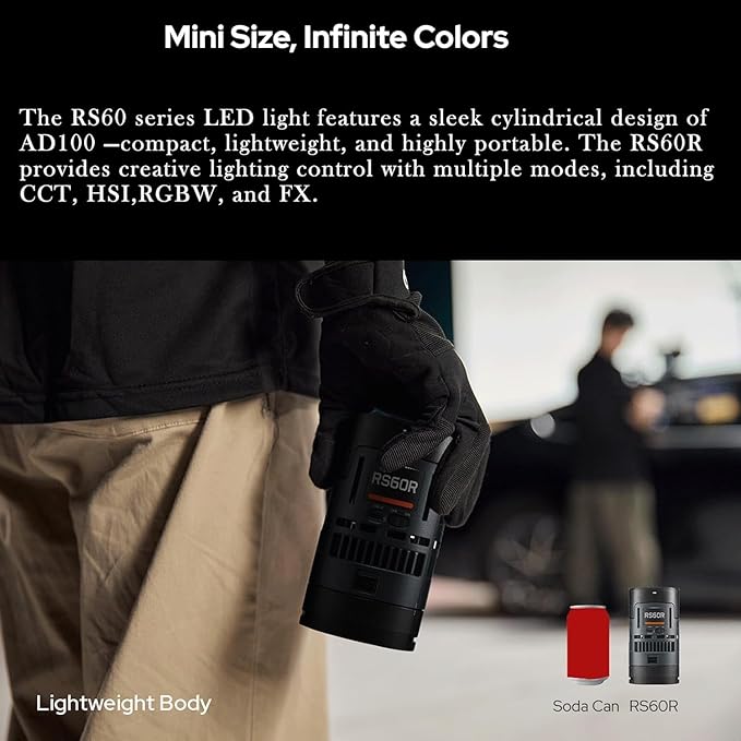 Godox RS60BI LED Video Light,Mini Size 60W Power,CCT/HSI/RGBW/FX Mode,with Detachable Battery,Support E27 Socket/USB/NPF/V-Mount Battery Power for Photographers,Filmmakers,Studios