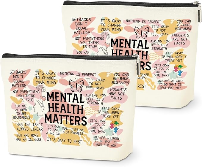 2PCS Mental Health Gifts Makeup Bag, Positive Affirmations Mental Health Awareness Inspirational Gifts for Women Friend Coworker Birthday Friendship Mothers Day Travel Toiletry Cosmetic Bag