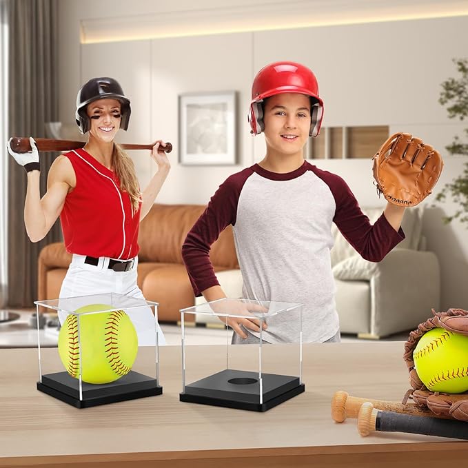 2PCS Softball Display Case Acrylic Clear Display Box Baseball Tennis Golf Protected Stand for Signed Memorabilia Large 12 Inch Sports Game Ball Storage Box