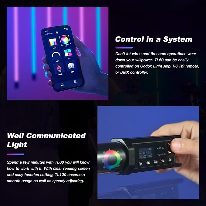 Godox TL60 Handheld Light Wand, RGB Stick Light for Photography, 2600mAh Rechargeable Tube Light for Video Shooting, APP Control 2700K-6500K 39 FX Effects for Studio Photography Recording Streaming