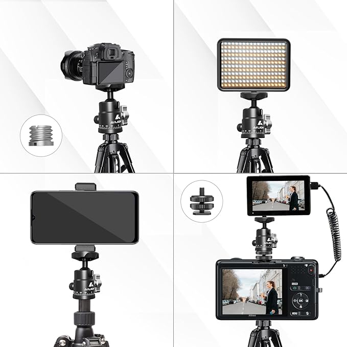 Ailight Mini Ball Head, 360° Panoramic Tripod Head, Universal 1/4" to 3/8" Screw Adapter Swivel Mini Ball Head Screw Tripod Mount, Dual Cold Shoe Mount for DSLR Cameras Camcorder（2 Pack