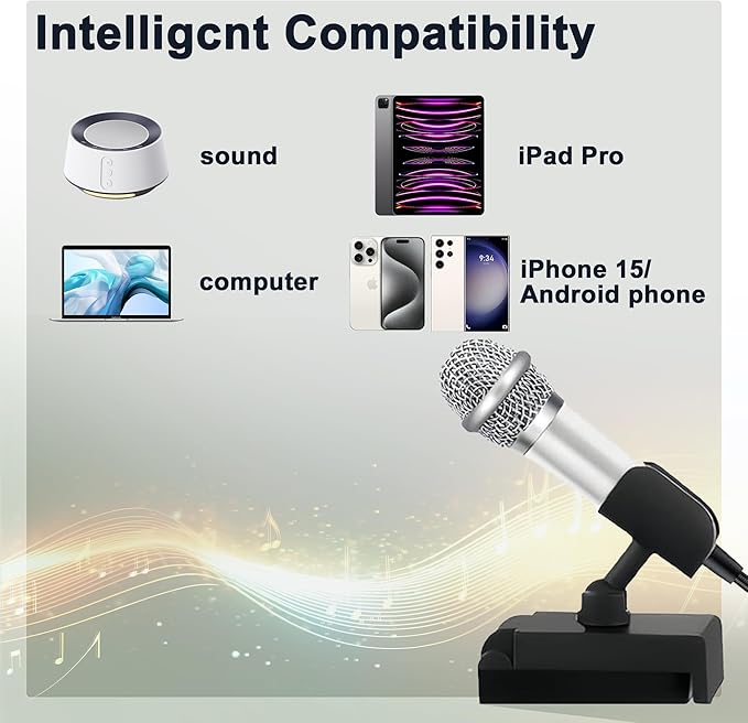 USB C Mini Microphone Karaoke, Portable ASMR Microphone for Android Phone/iPhone 15/Laptop/Mac, Wired Mic for Voice Recording, Singing, Interviews, Vlogs, YouTube, TIK Tok (Silver)