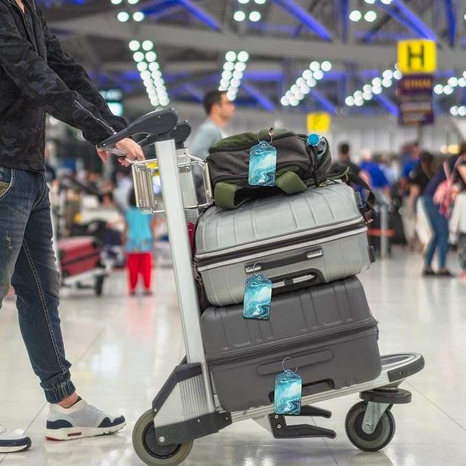 Luggage Tags for Suitcase, 2 Pack PU Leather Travel Cruise Luggage Tag with Privacy Flap, Name ID Label and Metal Loop for Women Men Girls Suitcase Baggage Bag Backpack Instrument, Teal Marble