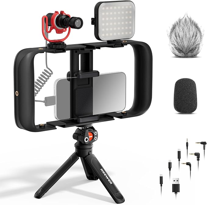 NEEWER Basics Vlogging Kit with Phone Cage Rig Microphone LED Fill Light Tripod Compatible with iPhone, Youtuber Starter Content Creator Essential for YouTube TikTok Streaming Video Recording, PA055