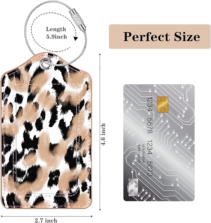 (Set of 2) Luggage Tag Leather Privacy Cover ID Label Address Card with Stainless Steel Loop, Travel Bag Tags Suitcase Labels, Leopard