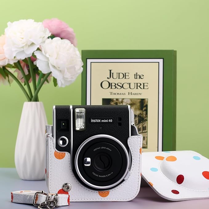 Frankmate Protective Case for Fujifilm Instax Mini 12/11/40 Instant Camera, Polka Dots PU Leather Camera Bag with Pocket and Adjustable Shoulder Strap