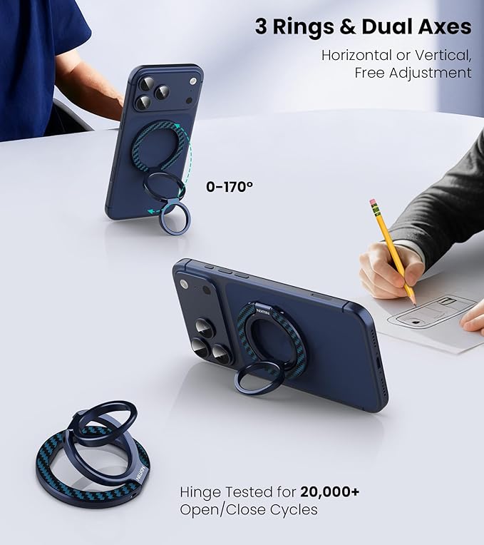 Nillkin MagSafe Phone Grip Ring Holder for Dual-Sided Magnet, Removable Magnetic Phone Ring Holder for iPhone 17/16/Pixel Snap Grip, Carbon Fiber, MagSafe Ring Stand, Accessories for iPhone, Blue
