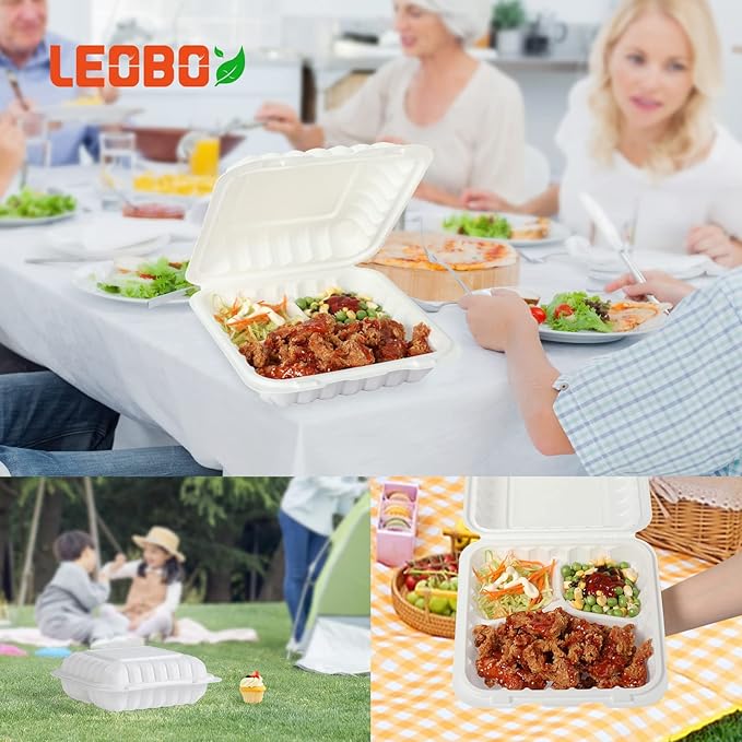 LEOBOX Food Containers Mineral Filled PP Plastic - 7.8 Inch 30oz 65 Pack BPA Free 3 Compartments Shrink Wrap To Go Boxes | Freezer & Microwave Safe for Takeout | White Reusable & Disposable Container