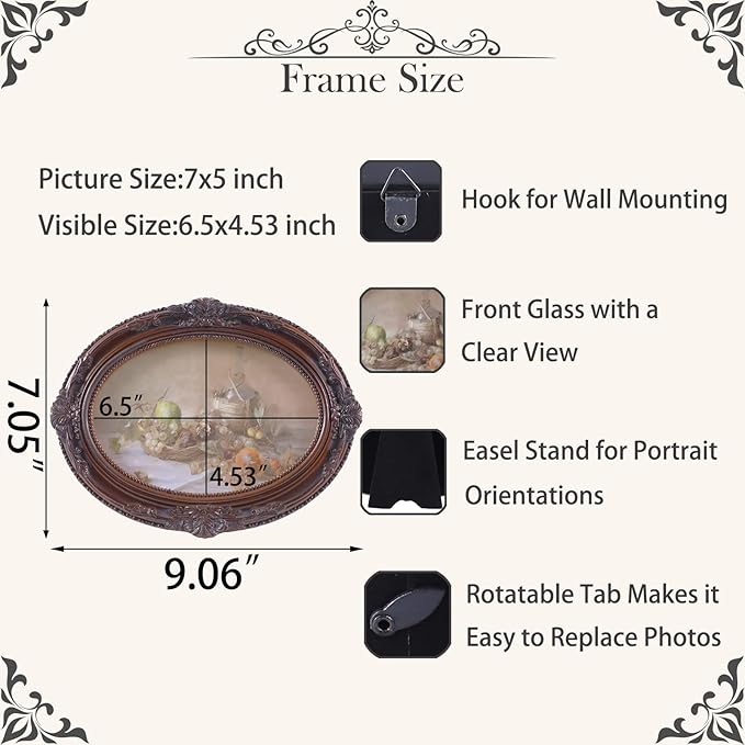 Vintage Picture Frames 5x7 Ornate Distressed Brown Antique Pictue Frames with Real Glass Cover for Wall & Tabletop Display Victorian Home Decor Gallery Wall Decor,Oval