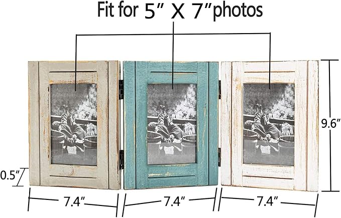 RiteSune Rustic Picture Frame 3 Folding 5X7 Triple Hinged Photo Frame Collage for Home Office Desk, Present for Christmas, New Year