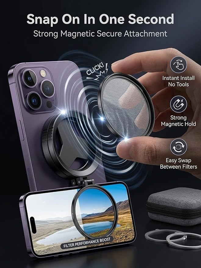 Anti-Glare Magnetic Phone Filter Lagnetic Filten for iPhone Polarizing Lens Phone Camera Professional 52mm Rotatable Quick Mount Anti Glare Reduce Reflections Enhance Colors Clear(1PC)