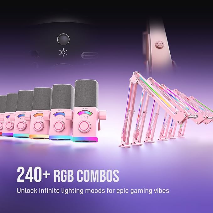 FIFINE XLR/USB Gaming Microphone Kit with Boom Arm Stand, RGB Streaming Mic for Computer Compatible with PC/PS4/PS5, Podcast Mic Set with Headphone Jack, Volume Knob, Mute-AmpliGame AM8PROT Pink