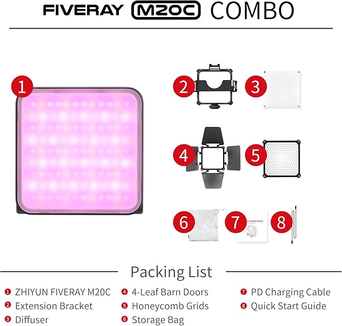 ZHIYUN FIVERAY M20C Combo [Official] RGB Video Light, 20W Portable Camera Light, HSI Mode, TLCI 96+, Temperature 2500K-10000K with 16 Light Effects, Support Magnetic Attraction and App with USB-C PD