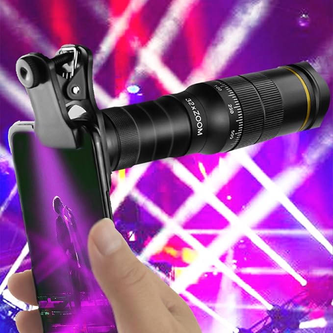 Phone Camera Lens Kit, 32X Long Focus Telephoto High Power HD Lens Wide Angle 0.63X Macro Fisheye 198° for Most Smartphones, Zoom Phone Camera Lens with E-Clip and Tripod for Picture Video Taking