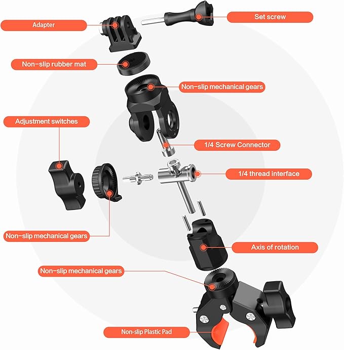 Bike Motorcycle Handlebar Camera Clamp Mount for Gopro Insta360 X5 X4 X3 X2 ONE RS R Mevo Start DJI Action Cameras, Super Clamp Bracket with 1/4" Thread Interface Magic Arm for Moto/Bicycle/Pole