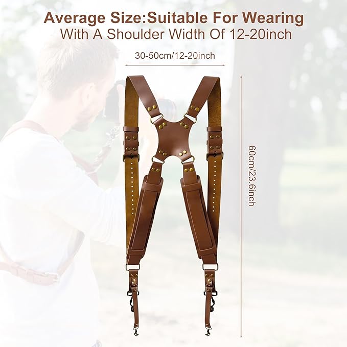 Double Camera Strap, Shoulder Camera Strap Harness Leather Dual Camera Strap for Two DSLR/SLR Cameras, Adjustable