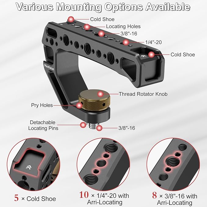 Top Handle with 3/8"-16 Locating Pins, Universal Camera Handgrip with 5 Cold Shoe Mount for Microphone, LED Light, Monitor, 1/4", 3/8" Threaded Holes with Locating Pins for ARRI Grip